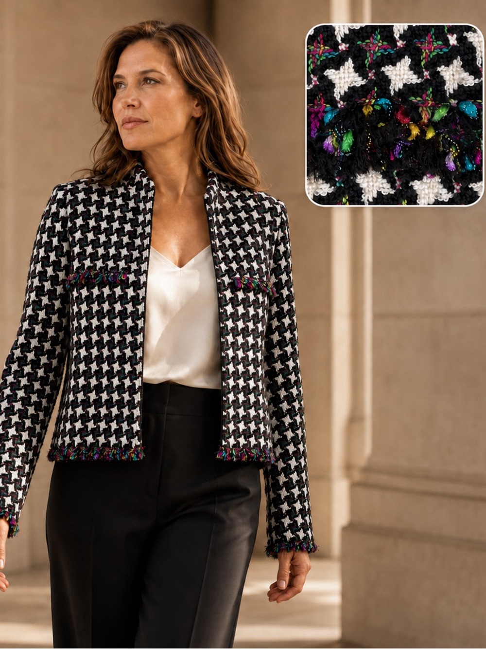 Neiman Marcus Exclusive Houndstooth Tweed Jacket Fringe Multicolor 14 USA